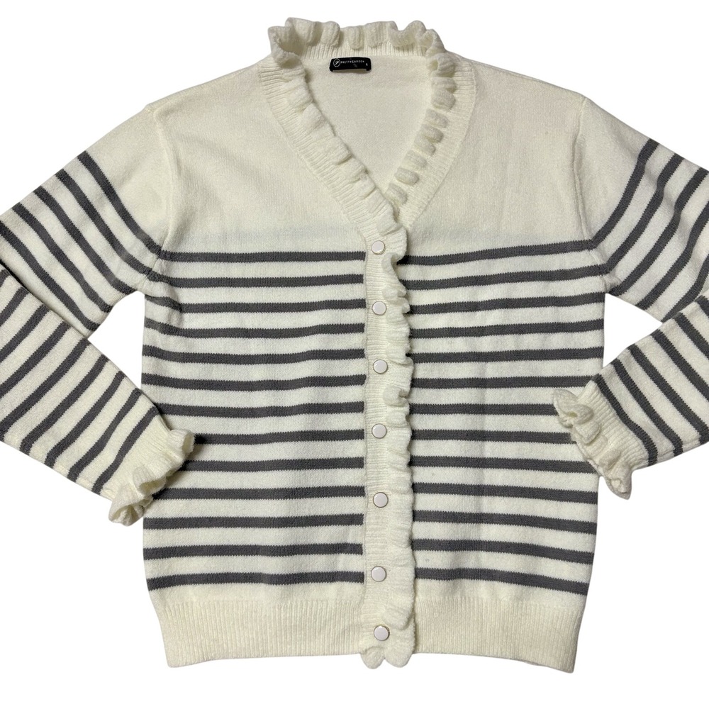 Pretty Garden Cardigan Sweater‎ Women M Stripes Nautical Buttons Soft Ruffle - Picture 3 of 9